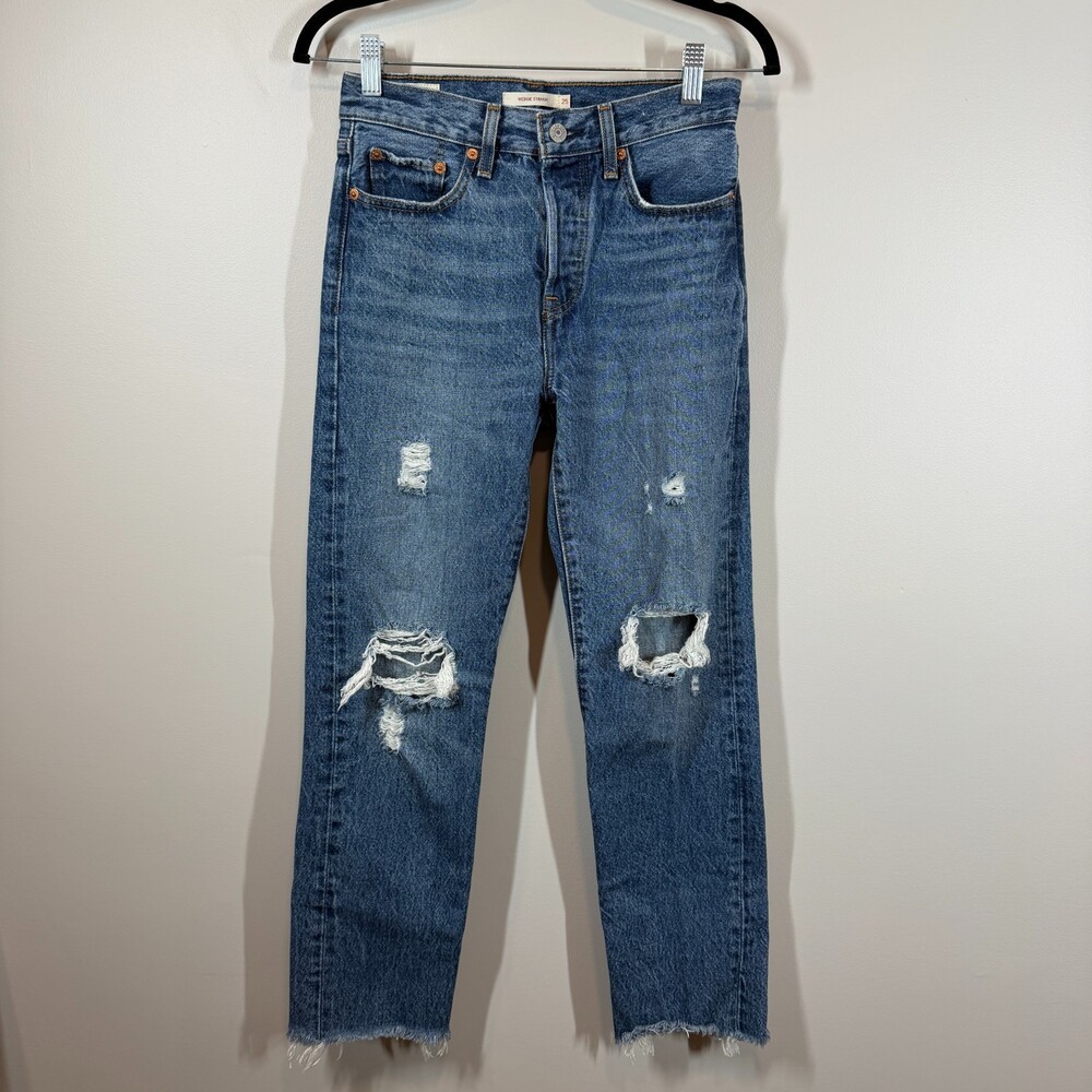 Levi's Premium Wedgie Straight Jeans Size‎ 25 Blue Distressed Ripped Raw Hem